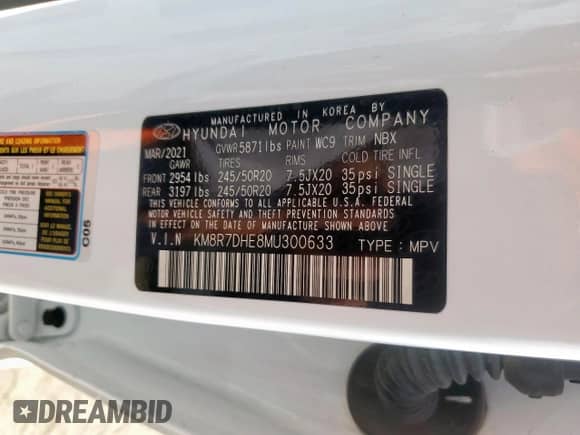 2021 Hyundai Palisade Calligraphy с VIN KM8R7DHE8MU300633, выставлен на аукционе Copart как лот 82367495 с пробегом 72 813 миль миль и Списание • Salvage title. История ставок и продаж доступна на DreamBid. Изображение 12.