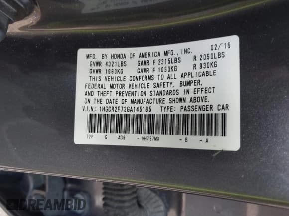 ✅ 2016 Honda Accord EX • VIN: 1HGCR2F73GA145185 • Lot: 41897776. Listed on IAAI with 110,511 mi. Free auction sales archive from the USA and detailed vehicle history report at DreamBid. Image 9.