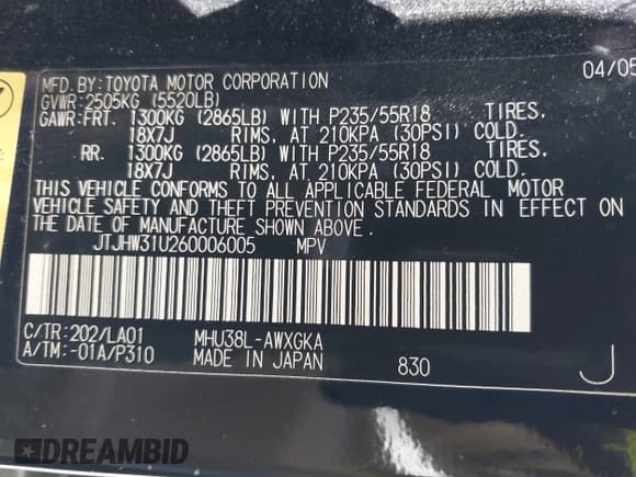 ✅ 2006 Lexus RX 400h • VIN: JTJHW31U260006005 • Lot: 42302169. Listed on IAAI with 233,623 mi. Free auction sales archive from the USA and detailed vehicle history report at DreamBid. Image 9.