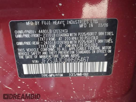 2017 Subaru Forester Limited with VIN JF2SJAJC3HH505467, listed as a IAAI auction lot 42697848 with 91,582 mi miles and . Bid and sale history available at DreamBid. Image 9.