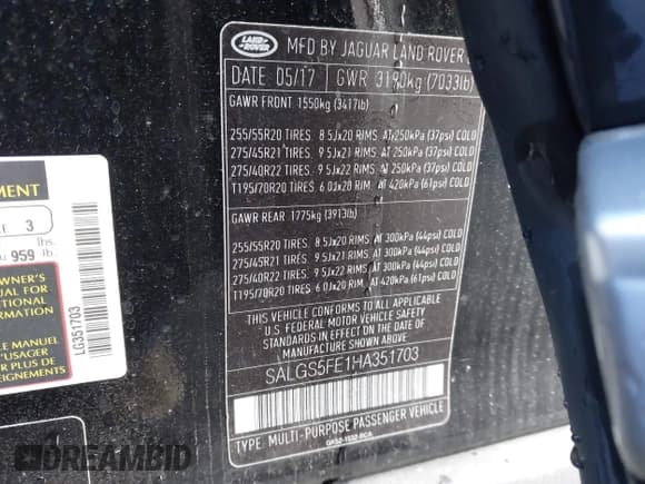 ✅ 2017 Land Rover Range Rover • VIN: SALGS5FE1HA351703 • Lot: 43678354. Listed on IAAI with 162,678 mi. Free auction sales archive from the USA and detailed vehicle history report at DreamBid. Image 9.