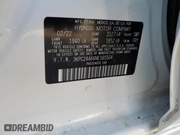 ✅ 2022 Hyundai Accent SE • VIN: 3KPC24A66NE165504 • Лот: 76578304. Опубликован ранее на Copart с пробегом Не указан. Бесплатный доступ к архиву аукционных продаж из США и подробный отчёт об истории автомобиля на DreamBid. Изображение 12.