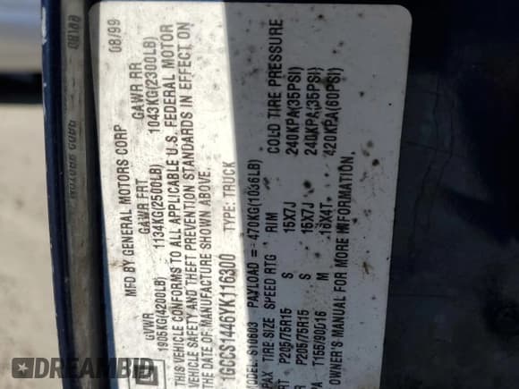 ✅ 2000 Chevrolet S-10 LS • VIN: 1GCCS1446YK116300 • Лот: 82114274. Опубликован ранее на Copart с пробегом Не указан. Бесплатный доступ к архиву аукционных продаж из США и подробный отчёт об истории автомобиля на DreamBid. Изображение 12.