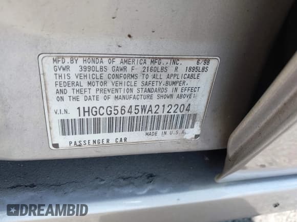 ✅ 1998 Honda Accord LX • VIN: 1HGCG5645WA212204 • Лот: 43726920. Опубликован ранее на IAAI с пробегом Не указан. Бесплатный доступ к архиву аукционных продаж из США и подробный отчёт об истории автомобиля на DreamBid. Изображение 9.