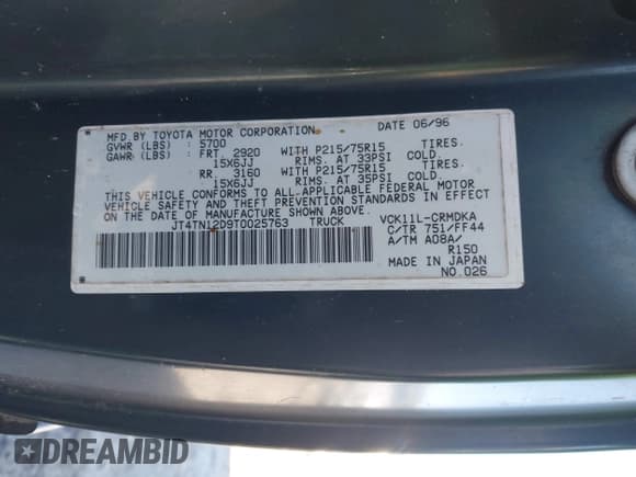 ✅ 1996 Toyota T100 DX • VIN: JT4TN12D9T0025763 • Lot: 43541893. Wystawiony na IAAI z przebiegiem 237 715 mil. Bezpłatny archiwum sprzedaży aukcyjnych z USA i szczegółowy raport historii pojazdu na DreamBid. Zdjęcie 9.