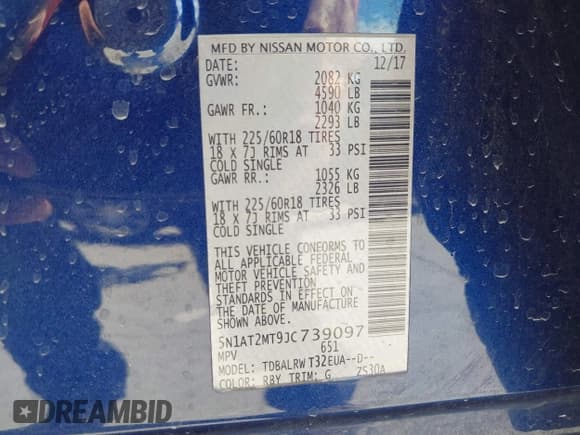 ✅ 2018 Nissan Rogue S • VIN: 5N1AT2MT9JC739097 • Lot: 43445202. Listed on IAAI with 110,435 mi. Free auction sales archive from the USA and detailed vehicle history report at DreamBid. Image 9.