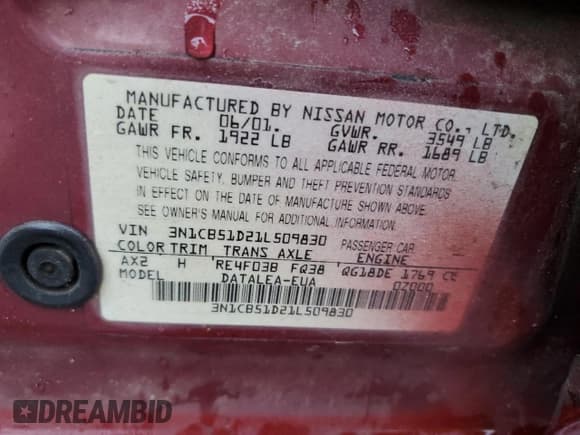 ✅ 2001 Nissan Sentra GXE • VIN: 3N1CB51D21L509830 • Lot: 65079595. Listed on Copart with 225,964 mi. Free auction sales archive from the USA and detailed vehicle history report at DreamBid. Image 12.