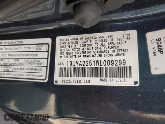 ✅ 1998 Acura CL Premium • VIN: 19UYA2251WL009299 • Lot: 64660225. Wystawiony na Copart z przebiegiem 73 334 mil. Bezpłatny archiwum sprzedaży aukcyjnych z USA i szczegółowy raport historii pojazdu na DreamBid. Zdjęcie 12.