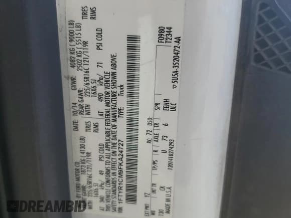 ✅ 2015 Ford Transit Cargo • VIN: 1FTYR1CM9FKA24727 • Lot: 82521945. Wystawiony na Copart z przebiegiem 214 051 mil. Bezpłatny archiwum sprzedaży aukcyjnych z USA i szczegółowy raport historii pojazdu na DreamBid. Zdjęcie 13.