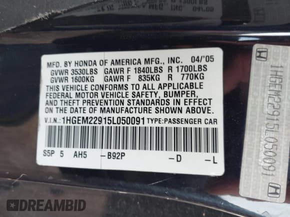 ✅ 2005 Honda Civic EX • VIN: 1HGEM22915L050091 • Lot: 43865926. Listed on IAAI with 166,768 mi. Free auction sales archive from the USA and detailed vehicle history report at DreamBid. Image 9.