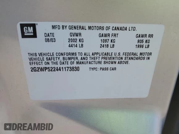 ✅ 2004 Pontiac Grand Prix GT1 • VIN: 2G2WP522441173830 • Lot: 90336265. Listed on Copart with 169,955 mi. Free auction sales archive from the USA and detailed vehicle history report at DreamBid. Image 12.