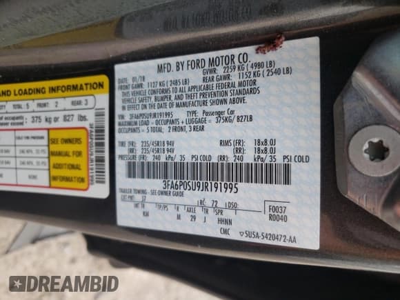 ✅ 2018 Ford Fusion Titanium • VIN: 3FA6P0SU9JR191995 • Лот: 51430505. Опубликован ранее на Copart с пробегом Не указан. Бесплатный доступ к архиву аукционных продаж из США и подробный отчёт об истории автомобиля на DreamBid. Изображение 13.