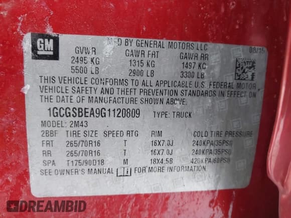 ✅ 2016 Chevrolet Colorado 2WD WT • VIN: 1GCGSBEA9G1120809 • Lot: 41569619. Listed on IAAI with 215,684 mi. Free auction sales archive from the USA and detailed vehicle history report at DreamBid. Image 9.