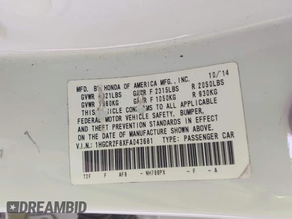 ✅ 2015 Honda Accord EX-L • VIN: 1HGCR2F8XFA043681 • Lot: 43705796. Listed on IAAI with 105,460 mi. Free auction sales archive from the USA and detailed vehicle history report at DreamBid. Image 9.