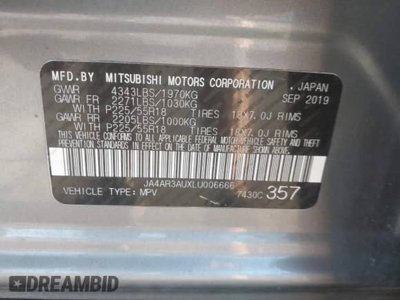 2020 Mitsubishi Outlander ES with VIN JA4AR3AUXLU006666, listed as a IAAI auction lot 43370315 with 117,368 mi miles and . Bid and sale history available at DreamBid. Image 9.