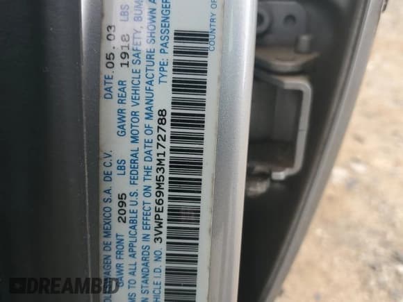 ✅ 2003 Volkswagen Jetta Wolfsburg Edition • VIN: 3VWPE69M53M172788 • Lot: 57590095. Listed on Copart with 228,980 mi. Free auction sales archive from the USA and detailed vehicle history report at DreamBid. Image 12.