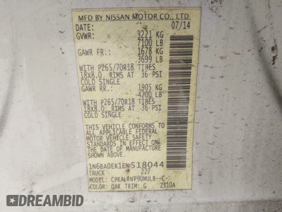 ✅ 2014 Nissan Titan SE • VIN: 1N6BA0EK1EN518044 • Лот: 42294912. Опубликован ранее на IAAI с пробегом 131 190 миль. Бесплатный доступ к архиву аукционных продаж из США и подробный отчёт об истории автомобиля на DreamBid. Изображение 9.