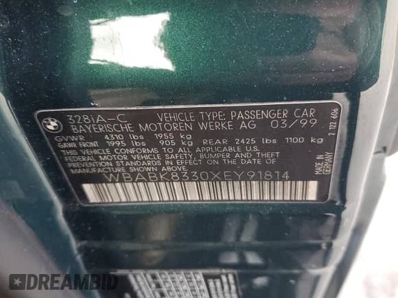 1999 BMW 3 Series 328i с VIN WBABK8330XEY91814, выставлен на аукционе Copart как лот 79799074 с пробегом 63 783 миль миль и Списание • Salvage title. История ставок и продаж доступна на DreamBid. Изображение 12.