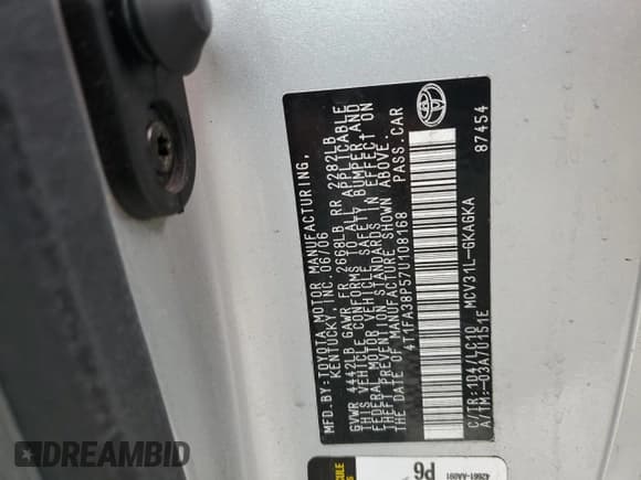 ✅ 2007 Toyota Solara SE • VIN: 4T1FA38P57U108168 • Lot: 57963985. Listed on Copart with 146,659 mi. Free auction sales archive from the USA and detailed vehicle history report at DreamBid. Image 12.