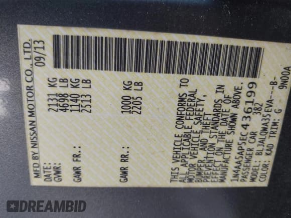 ✅ 2014 Nissan Maxima SV • VIN: 1N4AA5AP5EC436199 • Lot: 42887082. Listed on IAAI with 151,551 mi. Free auction sales archive from the USA and detailed vehicle history report at DreamBid. Image 9.