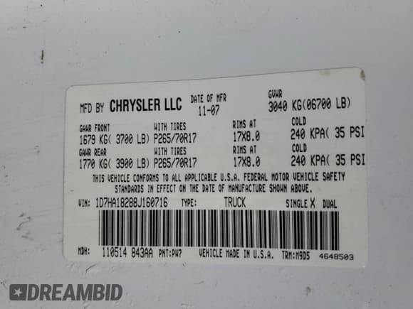 ✅ 2008 Dodge 1500 SLT • VIN: 1D7HA18288J160716 • Lot: 77667834. Listed on Copart with 301,144 mi. Free auction sales archive from the USA and detailed vehicle history report at DreamBid. Image 12.