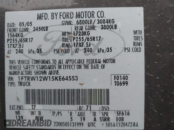 ✅ 2005 Ford F-150 XLT • VIN: 1FTRW12W15KE64553 • Lot: 42009373. Listed on IAAI with 106,454 mi. Free auction sales archive from the USA and detailed vehicle history report at DreamBid. Image 9.