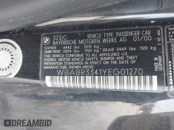 ✅ 2000 BMW 3 Series 323Ci • VIN: WBABR3341YEG01270 • Lot: 43878229. Listed on IAAI with 136,274 mi. Free auction sales archive from the USA and detailed vehicle history report at DreamBid. Image 9.