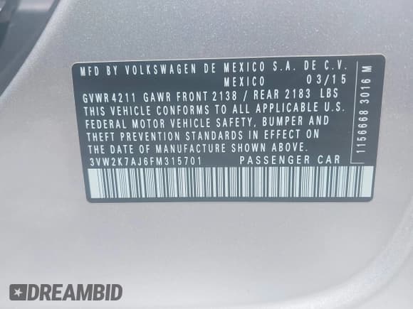 ✅ 2015 Volkswagen Jetta S • VIN: 3VW2K7AJ6FM315701 • Lot: 42684851. Listed on IAAI with 127,999 mi. Free auction sales archive from the USA and detailed vehicle history report at DreamBid. Image 9.