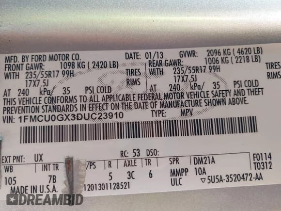 ✅ 2013 Ford Escape SE • VIN: 1FMCU0GX3DUC23910 • Lot: 42245926. Listed on IAAI with 159,076 mi. Free auction sales archive from the USA and detailed vehicle history report at DreamBid. Image 9.