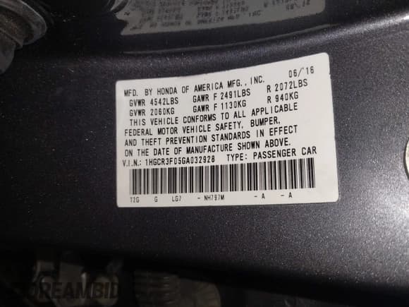 ✅ 2016 Honda Accord EX-L • VIN: 1HGCR3F05GA032928 • Lot: 42798124. Listed on IAAI with 161,694 mi. Free auction sales archive from the USA and detailed vehicle history report at DreamBid. Image 9.