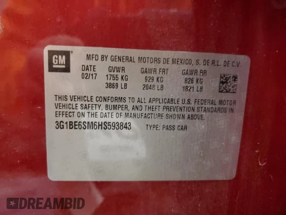 ✅ 2017 Chevrolet Cruze LT • VIN: 3G1BE6SM6HS593843 • Lot: 91370985. Listed on Copart with 40,902 mi. Free auction sales archive from the USA and detailed vehicle history report at DreamBid. Image 12.