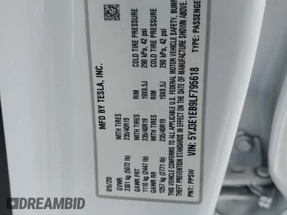 ✅ 2020 Tesla Model 3 Long Range • VIN: 5YJ3E1EB9LF795618 • Lot: 91674405. Listed on Copart with 59,808 mi. Free auction sales archive from the USA and detailed vehicle history report at DreamBid. Image 13.