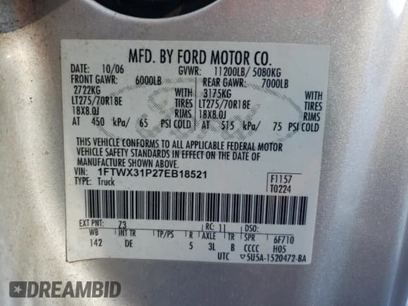 ✅ 2007 Ford F-350 XL • VIN: 1FTWX31P27EB18521 • Lot: 84428425. Wystawiony na Copart z przebiegiem Nie podano. Bezpłatny archiwum sprzedaży aukcyjnych z USA i szczegółowy raport historii pojazdu na DreamBid. Zdjęcie 12.