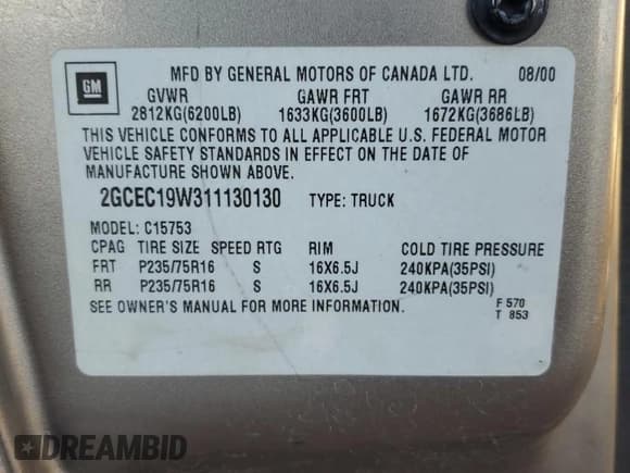 ✅ 2001 Chevrolet Silverado 1500 • VIN: 2GCEC19W311130130 • Лот: 81270584. Опубликован ранее на Copart с пробегом 281 025 миль. Бесплатный доступ к архиву аукционных продаж из США и подробный отчёт об истории автомобиля на DreamBid. Изображение 12.