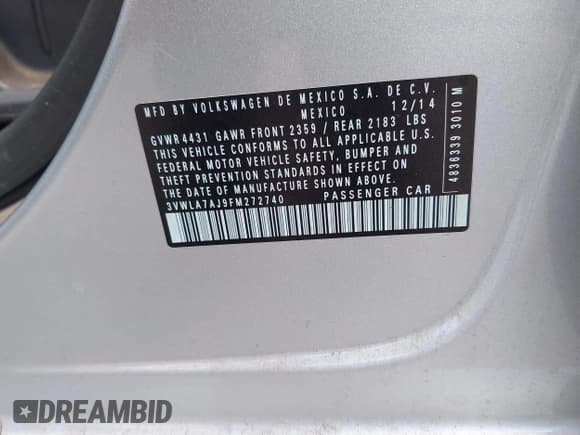 ✅ 2015 Volkswagen Jetta SE • VIN: 3VWLA7AJ9FM272740 • Лот: 43156267. Опубликован ранее на IAAI с пробегом 73 599 миль. Бесплатный доступ к архиву аукционных продаж из США и подробный отчёт об истории автомобиля на DreamBid. Изображение 9.