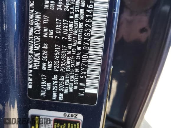 ✅ 2018 Hyundai Santa Fe 2.4L • VIN: 5XYZUDLBXJG526146 • Лот: 40770493. Опубликован ранее на Copart с пробегом 46 052 миль. Бесплатный доступ к архиву аукционных продаж из США и подробный отчёт об истории автомобиля на DreamBid. Изображение 14.