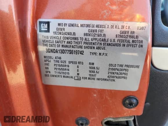 ✅ 2007 Chevrolet HHR LS • VIN: 3GNDA13D77S619742 • Lot: 85960875. Wystawiony na Copart z przebiegiem 121 143 mil. Bezpłatny archiwum sprzedaży aukcyjnych z USA i szczegółowy raport historii pojazdu na DreamBid. Zdjęcie 13.