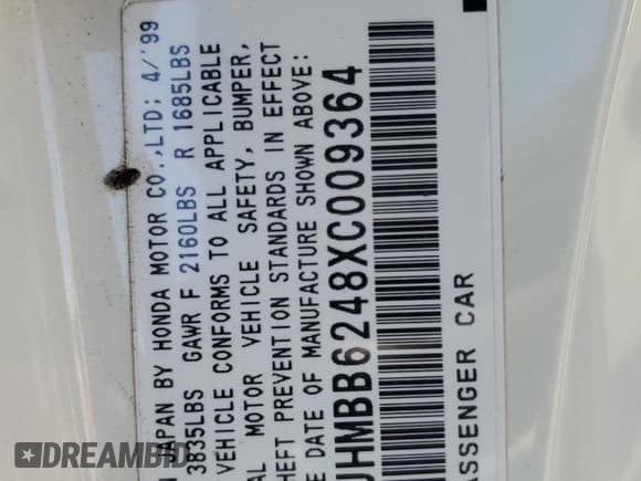 ✅ 1999 Honda Prelude • VIN: JHMBB6248XC009364 • Lot: 65806365. Listed on Copart with 201,802 mi. Free auction sales archive from the USA and detailed vehicle history report at DreamBid. Image 12.