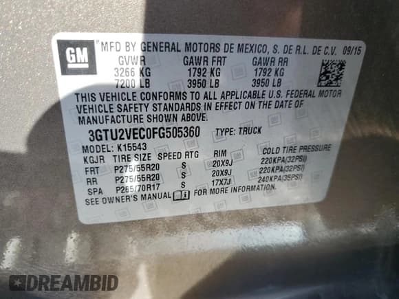 ✅ 2015 GMC Sierra 1500 SLT • VIN: 3GTU2VEC0FG505360 • Lot: 85663765. Listed on Copart with 138,700 mi. Free auction sales archive from the USA and detailed vehicle history report at DreamBid. Image 12.