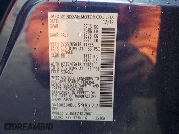 ✅ 2020 Nissan Pathfinder SV • VIN: 5N1DR2BM0LC598172 • Lot: 89680925. Listed on Copart with 144,393 mi. Free auction sales archive from the USA and detailed vehicle history report at DreamBid. Image 14.