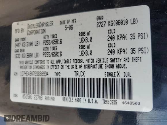 2006 Dodge Dakota SLT z VIN 1D7HE48N76S688934, wystawiony jako Copart lot #75057094 z przebiegiem 235 087 mil mil oraz Szkoda całkowita • Salvage title. Historia ofert i sprzedaży dostępna na DreamBid. Obrazek 15.