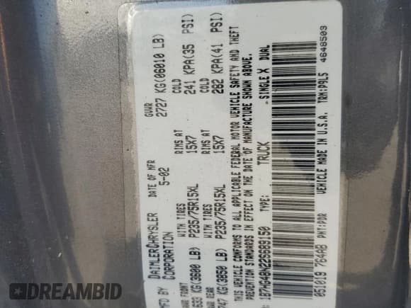 ✅ 2002 Dodge Dakota SLT • VIN: 1B7HG48N22S689150 • Lot: 52259465. Wystawiony na Copart z przebiegiem 227 386 mil. Bezpłatny archiwum sprzedaży aukcyjnych z USA i szczegółowy raport historii pojazdu na DreamBid. Zdjęcie 12.