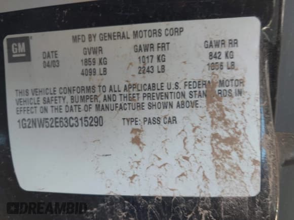 ✅ 2003 Pontiac Grand Am GT • VIN: 1G2NW52E63C315290 • Lot: 43487634. Listed on IAAI with 230,861 mi. Free auction sales archive from the USA and detailed vehicle history report at DreamBid. Image 9.