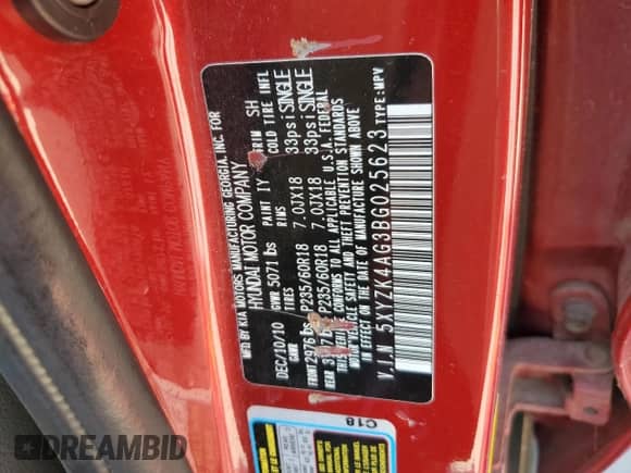 2011 Hyundai Santa Fe Limited with VIN 5XYZK4AG3BG025623, listed as a Copart auction lot 54082584 with 94,819 mi miles and Salvage title. Bid and sale history available at DreamBid. Image 13.