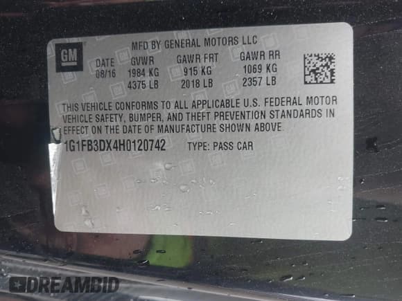 ✅ 2017 Chevrolet Camaro 1LT • VIN: 1G1FB3DX4H0120742 • Lot: 41721115. Listed on IAAI with 111,578 mi. Free auction sales archive from the USA and detailed vehicle history report at DreamBid. Image 9.