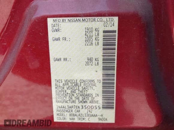 ✅ 2014 Nissan Altima SV • VIN: 1N4AL3AP7EN350055 • Lot: 43223623. Listed on IAAI with 150,197 mi. Free auction sales archive from the USA and detailed vehicle history report at DreamBid. Image 9.