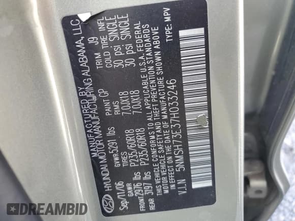 ✅ 2007 Hyundai Santa Fe SE • VIN: 5NMSH73E37H033246 • Lot: 69268264. Listed on Copart with 231,534 mi. Free auction sales archive from the USA and detailed vehicle history report at DreamBid. Image 13.