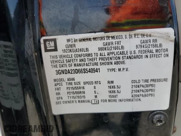 ✅ 2006 Chevrolet HHR LT • VIN: 3GNDA23D66S540941 • Lot: 53829595. Listed on Copart with 272,671 mi. Free auction sales archive from the USA and detailed vehicle history report at DreamBid. Image 13.