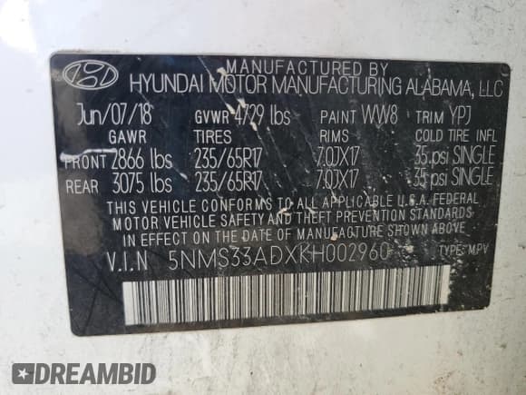 ✅ 2019 Hyundai Santa Fe SEL • VIN: 5NMS33ADXKH002960 • Lot: 89776925. Listed on Copart with 66,525 mi. Free auction sales archive from the USA and detailed vehicle history report at DreamBid. Image 13.