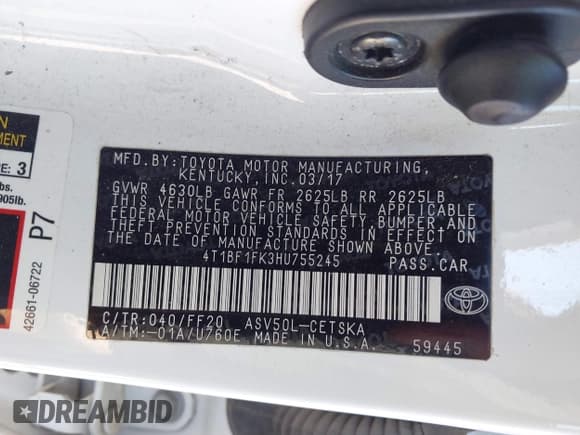 ✅ 2017 Toyota Camry XLE • VIN: 4T1BF1FK3HU755245 • Lot: 43407266. Listed on IAAI with 156,250 mi. Free auction sales archive from the USA and detailed vehicle history report at DreamBid. Image 9.